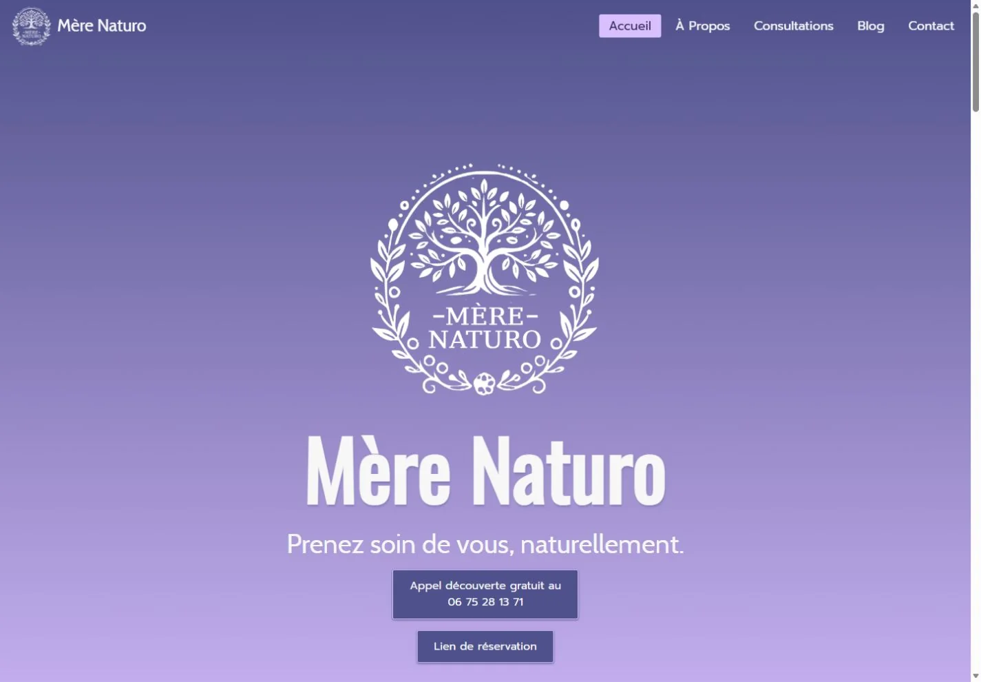 Accueil du site Mère Naturo : présentation de l’activité et accès à la réservation.