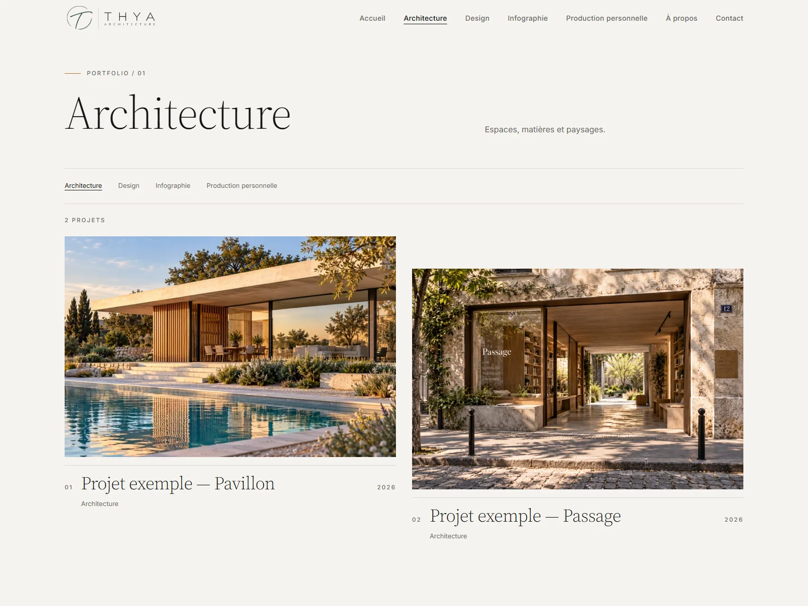 Rubrique Architecture THYA : navigation par discipline et deux projets fictifs, Pavillon et Passage.